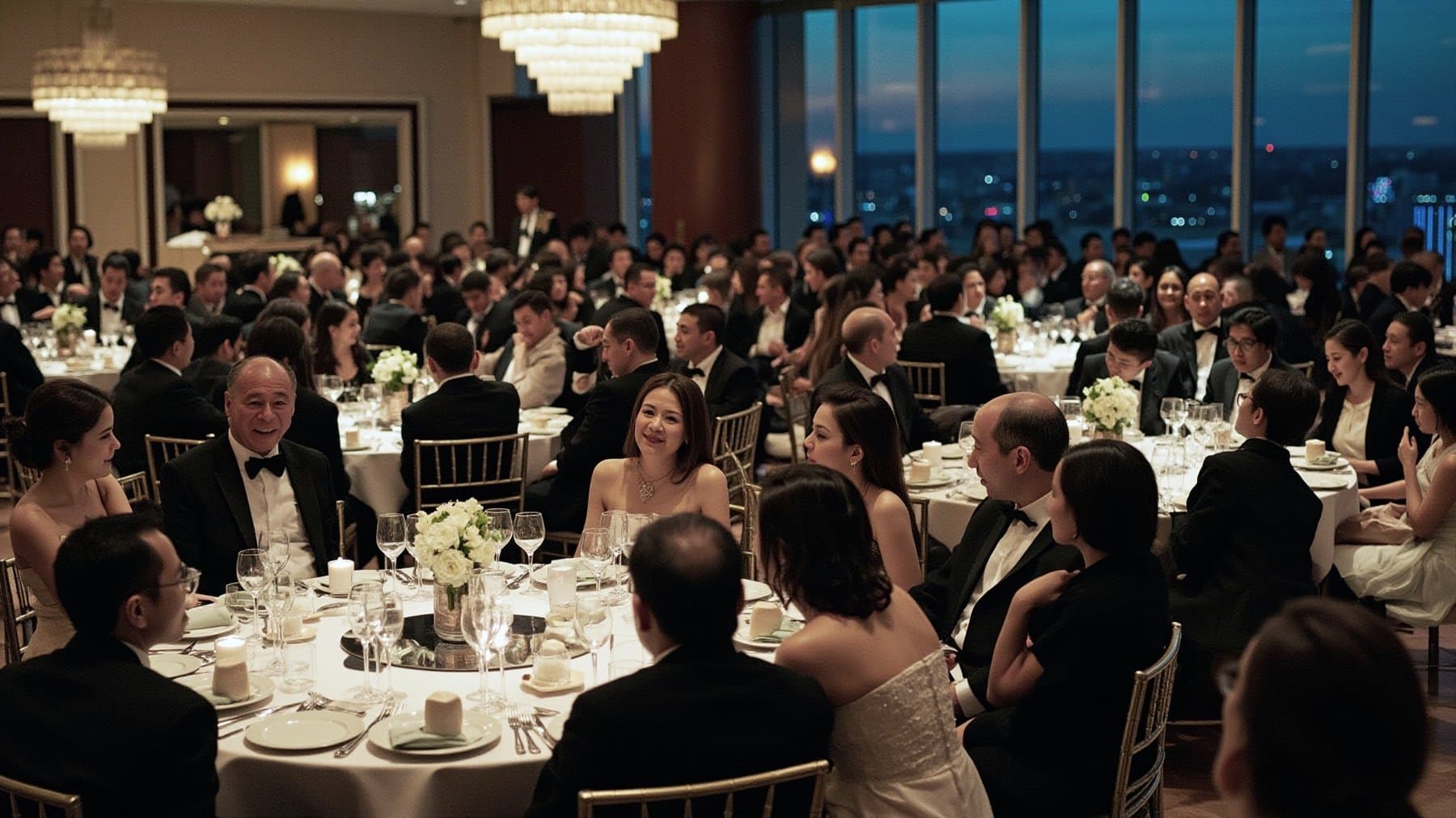 A chamber gala dinner under chandeliers in a hotel ballroom above the city at dusk